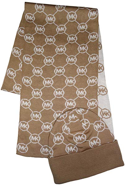 Michael Kors Women's Logo Knit Scarf & Beanie Hat Set, Camel /Cream, One Size