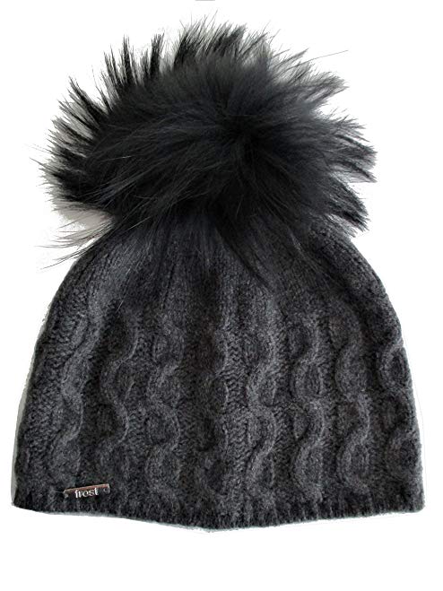 Frost Hats Cashmere Cable Hat With Detachable Genuine Fox Fur Pom CSH-735SRN