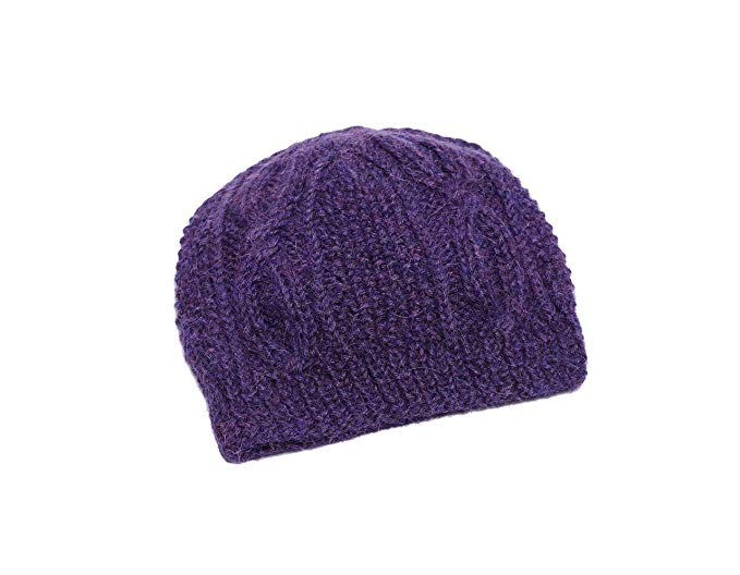 Invisible World Women's 100% Alpaca Wool Hand Knit Cabled Beanie Hat Dark Purple