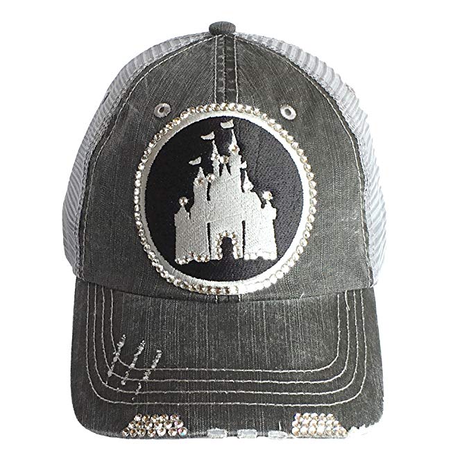 ELIVATA Womens Disney Castle Fitted Trucker Baseball Cap by Swarovski Bling hat,Gray Denim Trucker,One Size