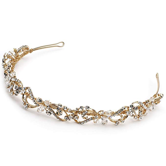 USABride Gold-Tone Floral Bridal Headband, Rhinestone and Swarovski Crystal, 3159-G