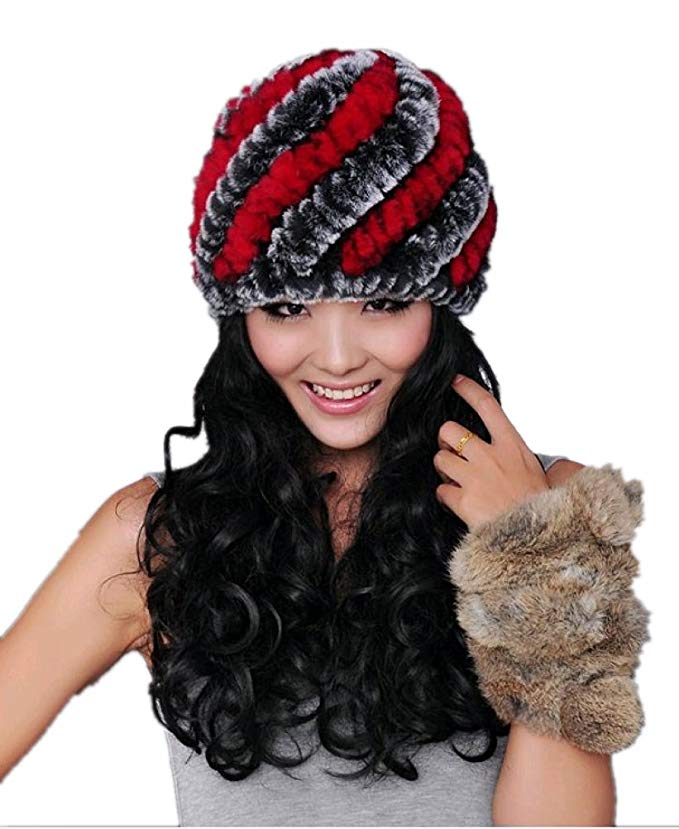 Queenshiny Women's 100% Real Rex Rabbit Fur Knitted Beanie Cap Hat