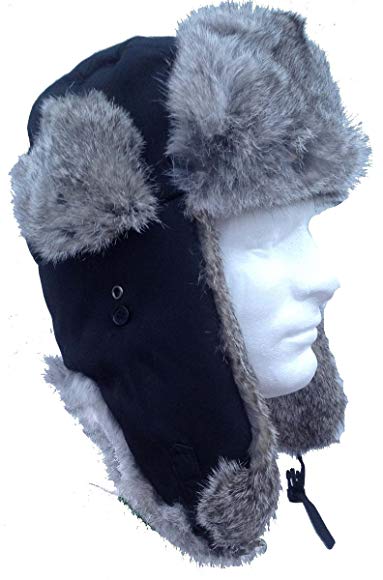 Black Nylon Real Silver Rabbit Fur Trooper Trapper Aviator Hat