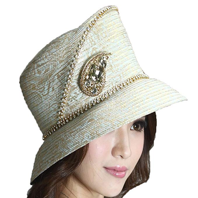 Fashion Ladies Church Hat Satin Hat Gold Fabric Flower Printed Classy Ladies