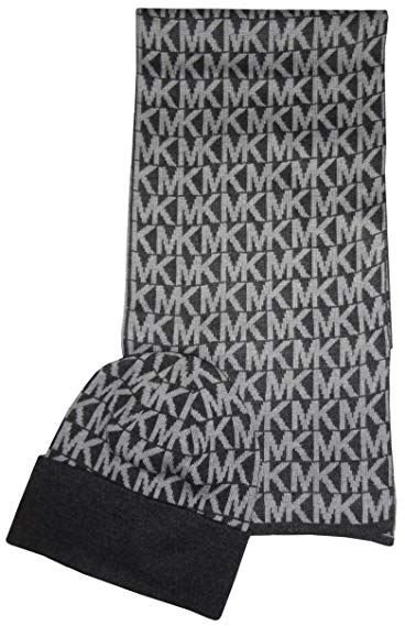Michael Kors Women's MK Logo Knitted Scarf & Beanie Hat Set, Derby Grey, One Size